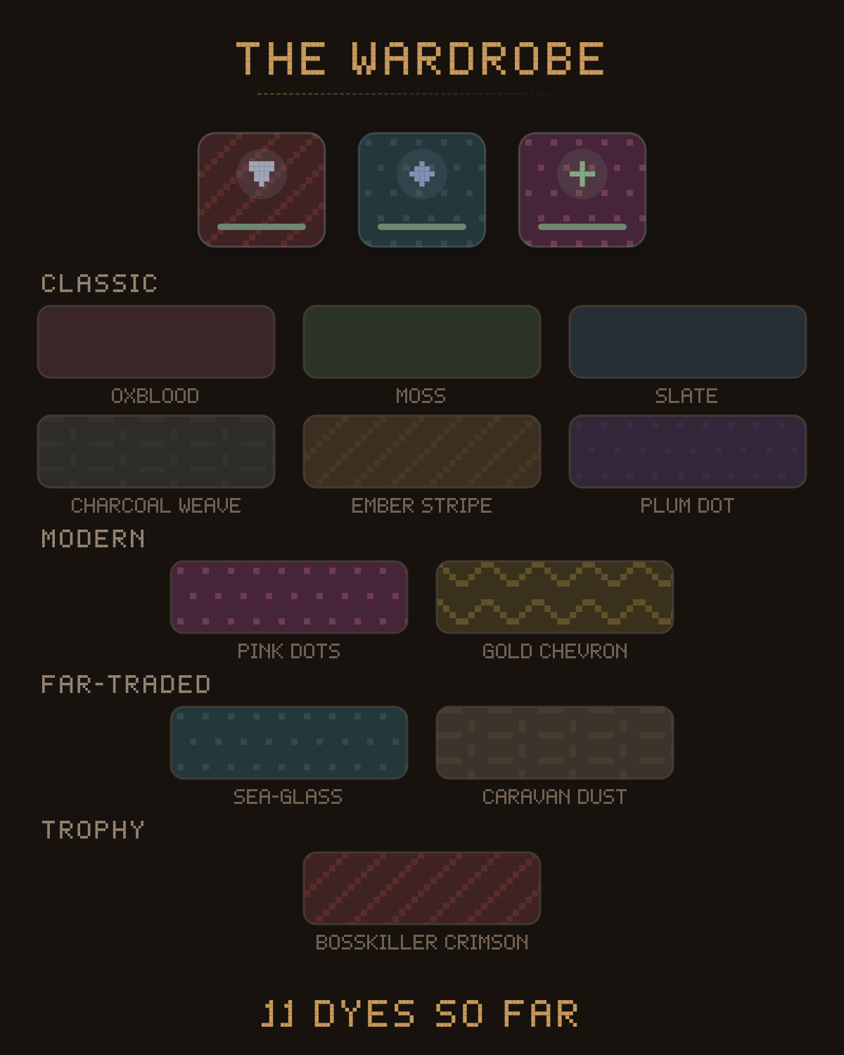 The wardrobe: three dyed hero cards above the full dye rack — six classics, two modern patterns, two far-traded, one trophy crimson — eleven dyes so far.