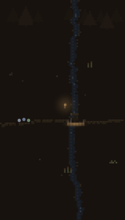 A night footbridge over a dark stream: a rail lantern, a small figure standing mid-span, and three heroes waiting on the near bank.