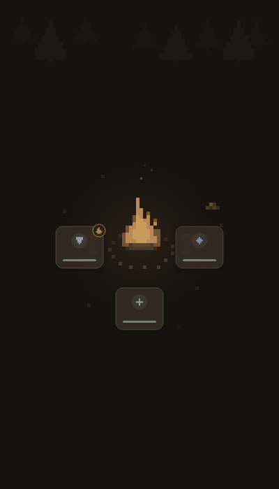 The party seated close around the night fire; one hero's card wears a small ember mark.