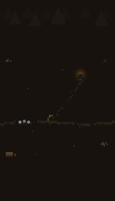 A fork in the night road: a leaning waymark, a thin side path climbing away, and a hooded figure sitting inside a small gold glow.