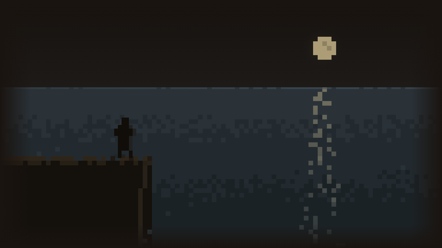 A man stands at the edge of a sea cliff at night where a worn road ends. Below him, dark water; ahead, the moon low over the sea, its light laid in a broken path across the water.